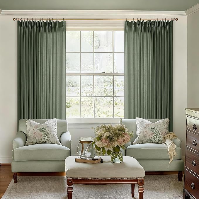 Olive Green Extra Wide Pinch Pleated 100 x 102 Inch Linen Curtains - Image 9