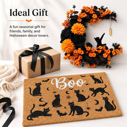 Thiccywoov 2 Pcs Halloween Black Cat Doormat and Wreath Sets for Front Door