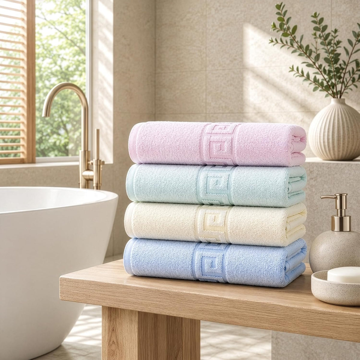 100% cotton bath towels,4 pack,30" x 60" inches on a desk or shelf