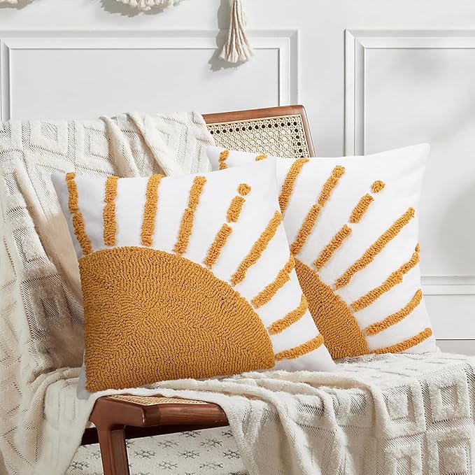 Adabana Boho Decorative Yellow Throw Pillow Covers 20x20, Tufted Sun Pillow - Image 5