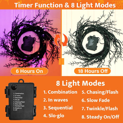[8 Modes & Timer] 9 Ft 72 LED Halloween Willow Vine Twig Garland with Orange Purple Lights Battery Operated Indoor/Outdoor Wall Fireplace Mantle Halloween Decorations