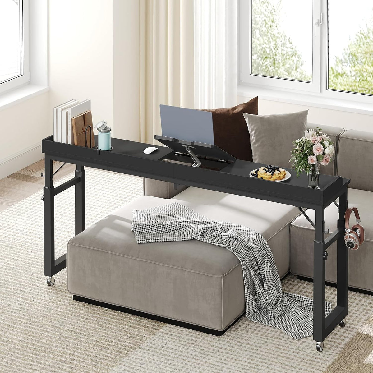 mahancris overbed table with wheels, mobile bed desk, close-up detail
