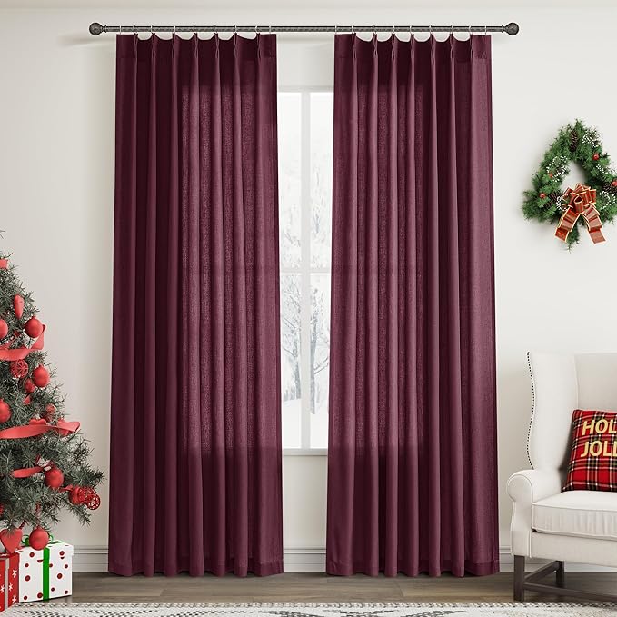 Burgundy Pinch Pleated Linen Curtains 84 Inch Length 2 Panels by Aersas