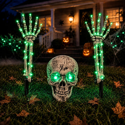 Halloween Skeleton Decorations Outdoor, 3-Piece Green LED Yard Stakes, Skull with Glowing Eyes & 18.7-Inch 8-Mode Lighted Arms, Battery-Powered for Lawn, Garden, Graveyard and Haunted House Scene