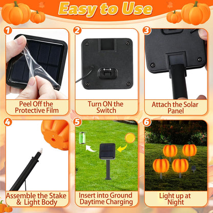 4-in-1 Pumpkin Solar Lights Outdoor Halloween Decorations Fall Stake Lights