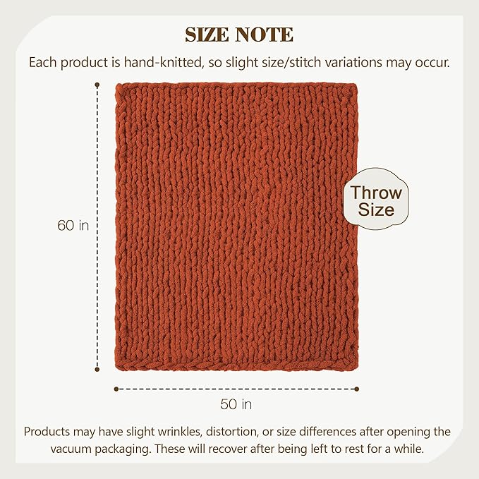 Carriediosa Chunky Knit Throw Blanket 50" X 60", 100% Hand Made Large Chenille - Image 3