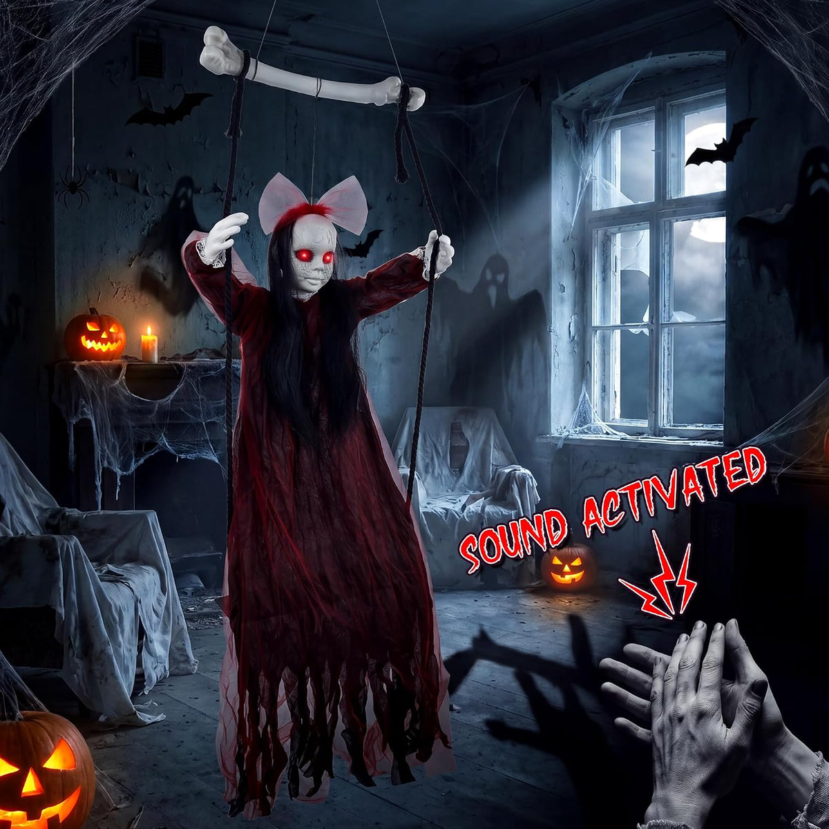 Halloween Decorations Outdoor, Creepy 57” Hanging Swinging Ghost Doll Girl, Sound/Touch Activated Hanging Ghost, Light-Up Red Eyes Halloween Haunted House Prop for Porch Yard Tree Garden Graveyard