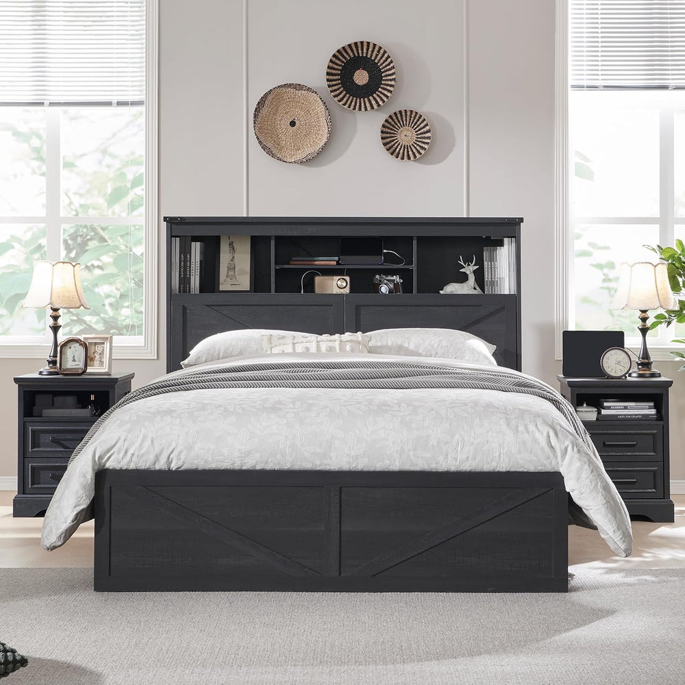 ACCOHOHO Farmhouse Queen Size Bed Frame with 52" High Storage Bookcase H...