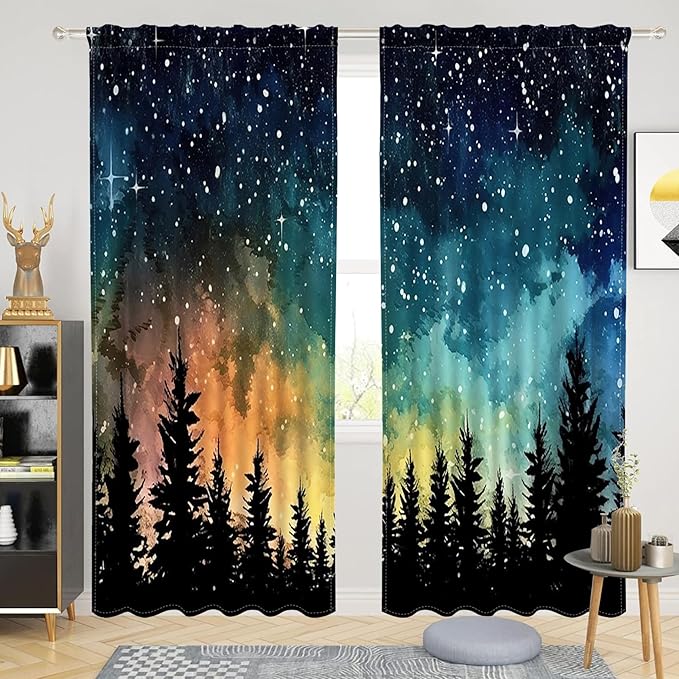 Renaiss 26 x 63 Inch Forest Starry Bedroom Curtains Light Filter Night Rustic by Renaiss