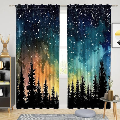 Renaiss 26 x 63 Inch Forest Starry Bedroom Curtains Light Filter Night Rustic by Renaiss