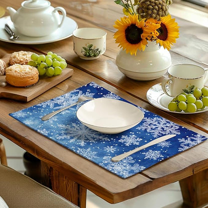 Winter Blue Snowflake Placemats Set of 4 Merry Christmas Snowflakes Linen - Image 6
