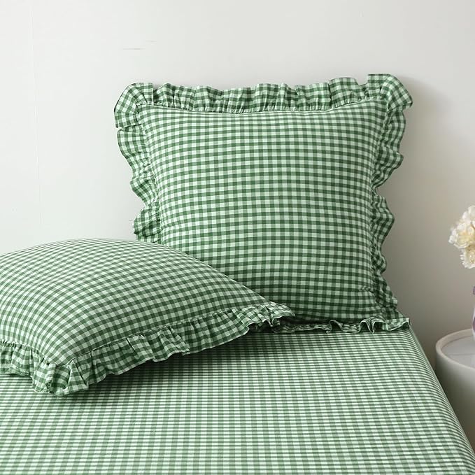 2 Pack Christmas Green White Plaid Ruffle Gingham Euro Pillow Shams, 100% by KMASANIJI