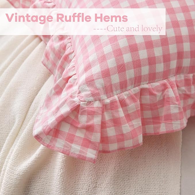 2 Pack Coral Pink White Plaid Ruffle Euro Throw Pillow Covers, 100% Washed - Image 5