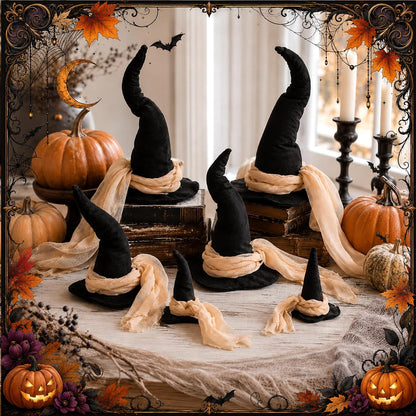 6 Pcs 3 Size Halloween Witch Hat Table Centerpieces with Gauze Ribbon