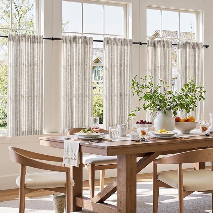 jinchan Striped Linen Kitchen Curtains 45 Inches Tier Curtains Farmhouse Modern - Image 3