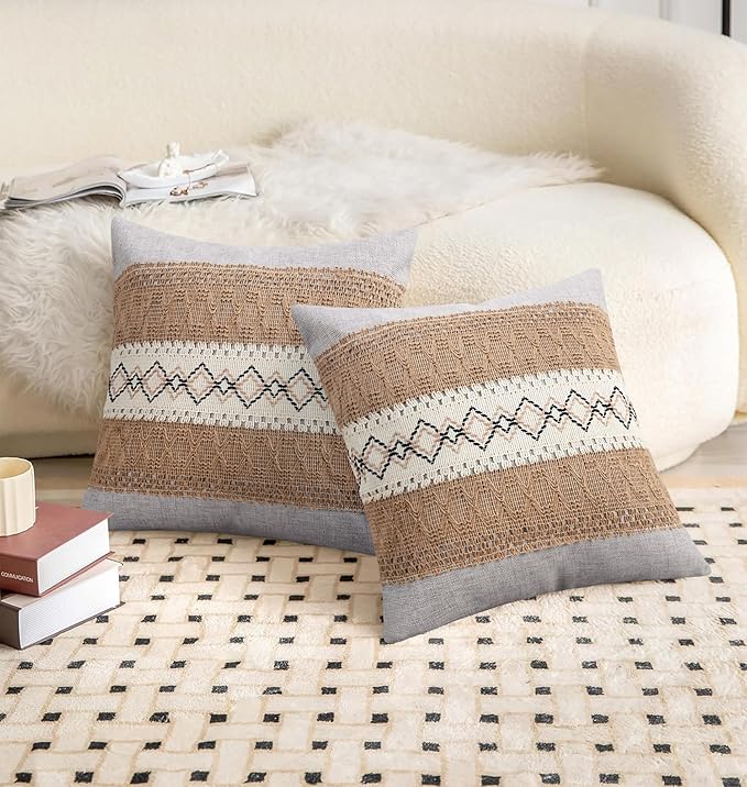 Pyonic Pack of 2 Boho Throw Pillow Covers 18x18 Inch Farmhouse Decorative Throw - Image 2
