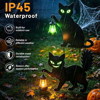 Halloween Spooky 2 Types Black Cat Yard Signs with Lantern(2PCS)