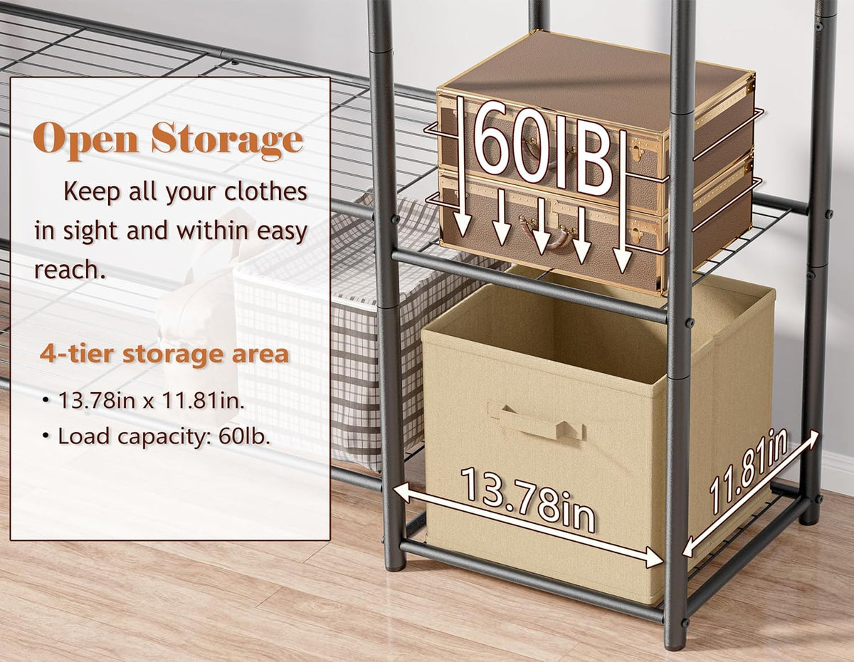 homidec wardrobe closet,portable clothes rack with 4 tiers showing dimensions