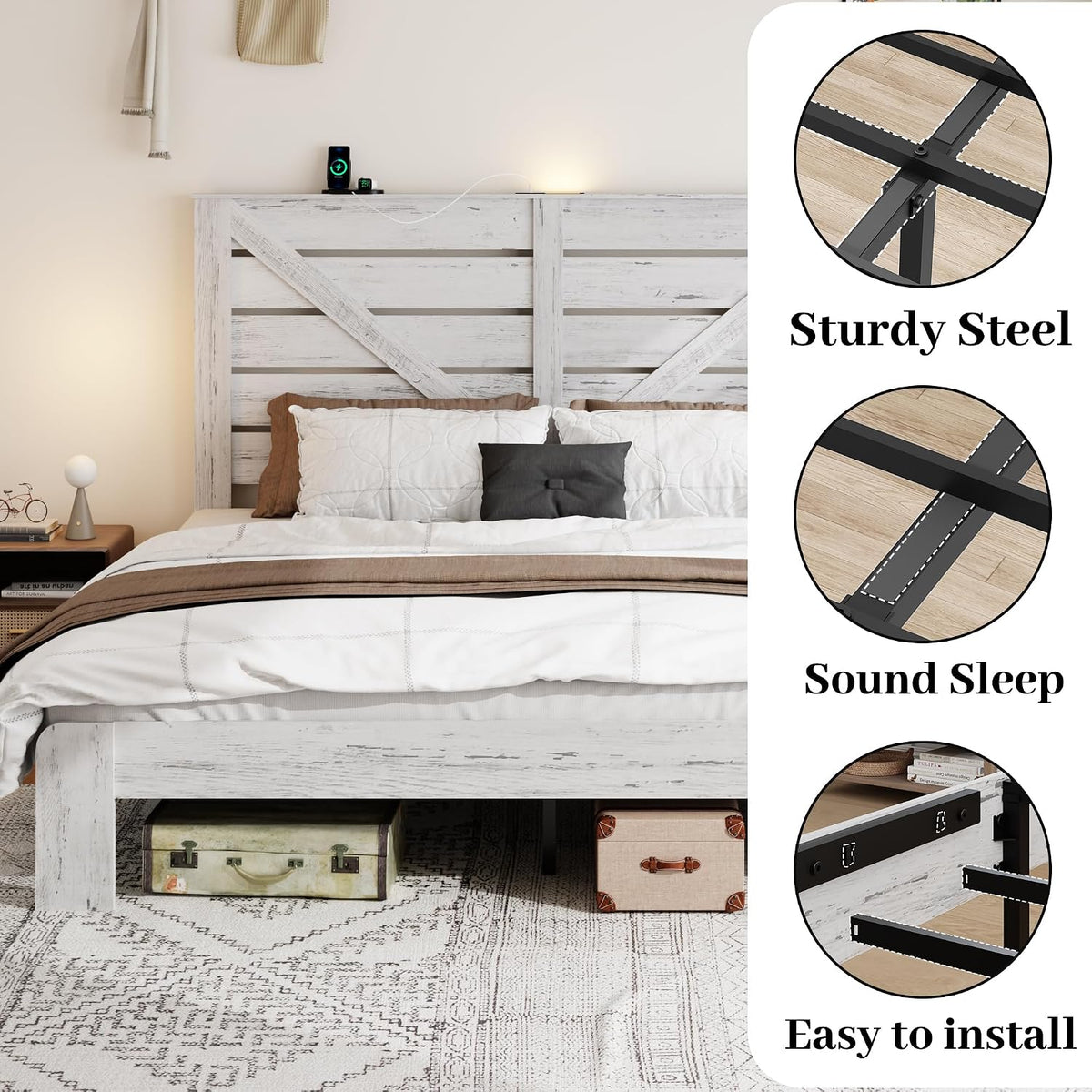 queen farmhouse bed frame with headboard, led lights, package contents