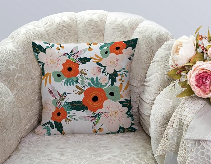 TSSOHU Flower and Hummingbird Pillow Cover Cotton Linen Spring Red Flower Green - Image 2