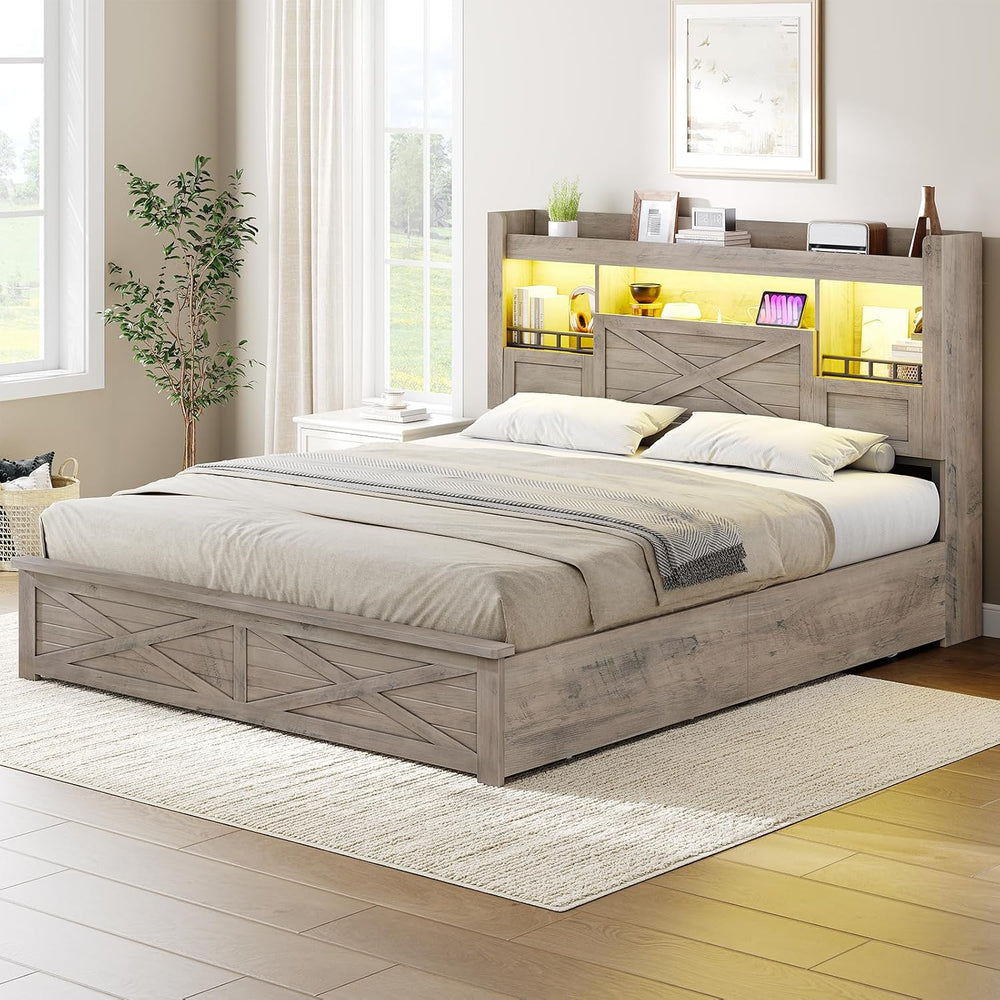 Farmhouse Full Size Bed Frame with Flip-Down Bookcase Storage Headboard and 4...
