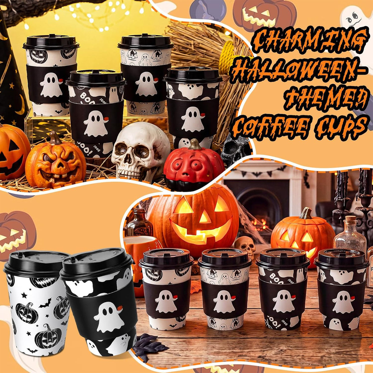 Suclain 100 Sets Halloween Disposable Coffee Cups with Lids & Sleeves, 12 oz Ghost Pumpkin Cat Pattern Paper Cups for Hot Cold Drinks Trick or Treat Party Supplies