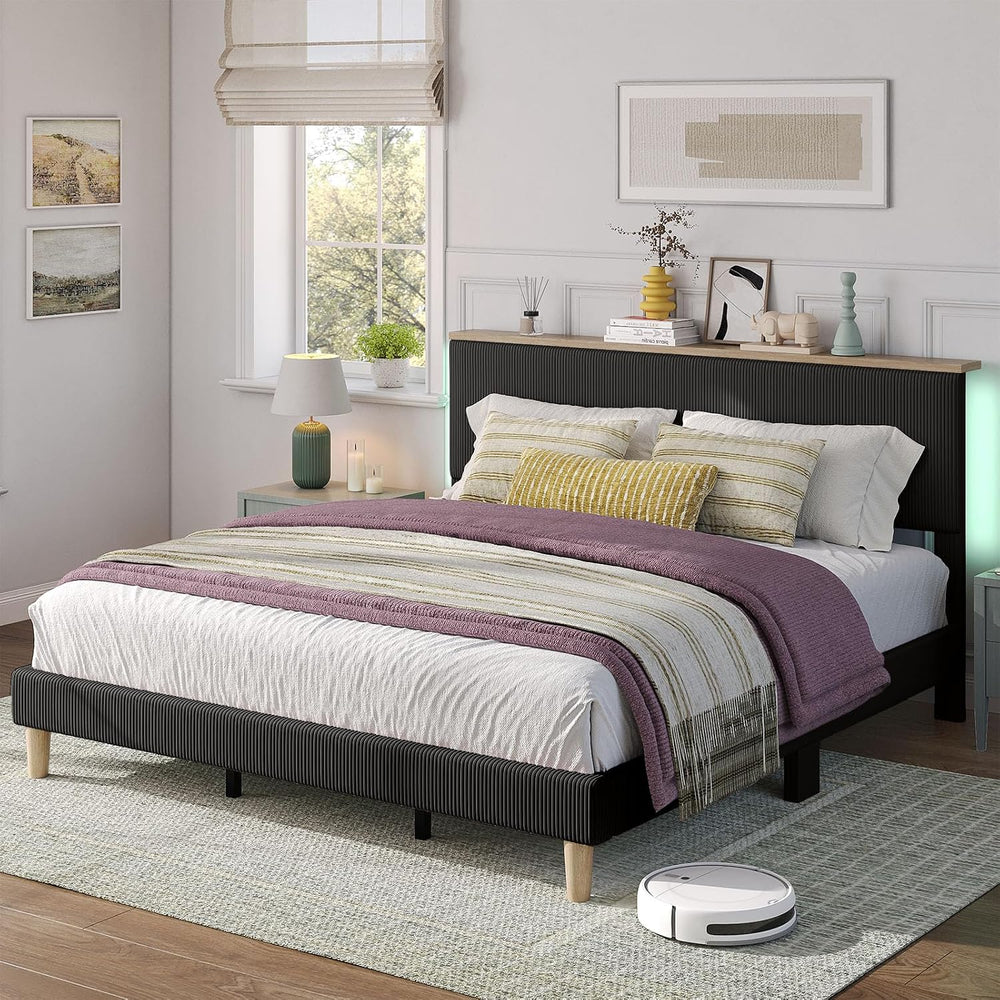 Bestier King Bed Frame with Storage Headboard & LED, Upholstered, Black