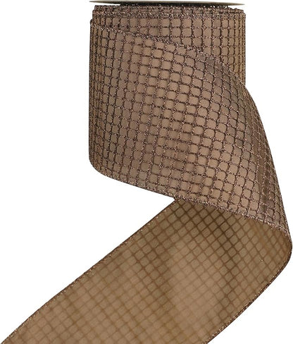 HUIHUANG 4" Brown Glitter Christmas Ribbon Wired Bronze Square Mesh Wire Ribbon by HUIHUANG