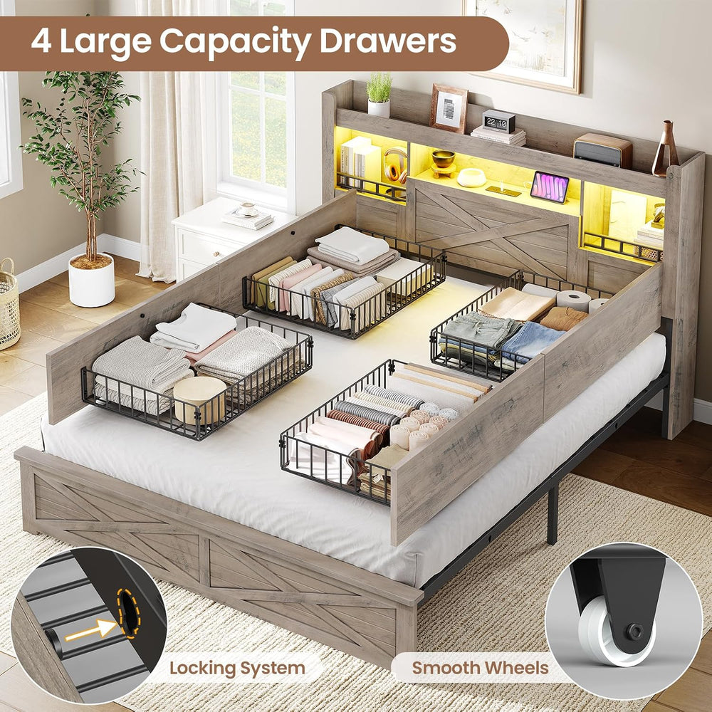 Farmhouse Full Size Bed Frame with Flip-Down Bookcase Storage Headboard and 4...