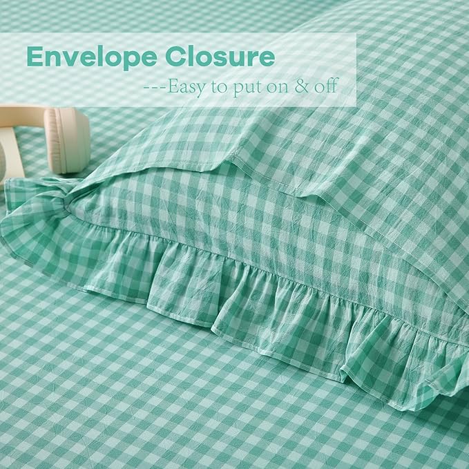2 Pack Spa Blue White Plaid Ruffle Gingham King Size Pillow Shams, 100% Washed - Image 4