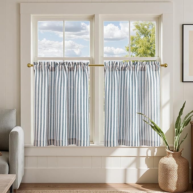 jinchan Striped Linen Kitchen Curtains 24 Inches Length Tier Curtains Farmhouse by JINCHAN