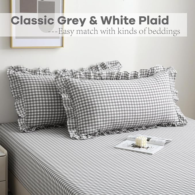 2 Pack Grey White Plaid Ruffle Gingham King Size Pillow Shams, 100% Washed - Image 2