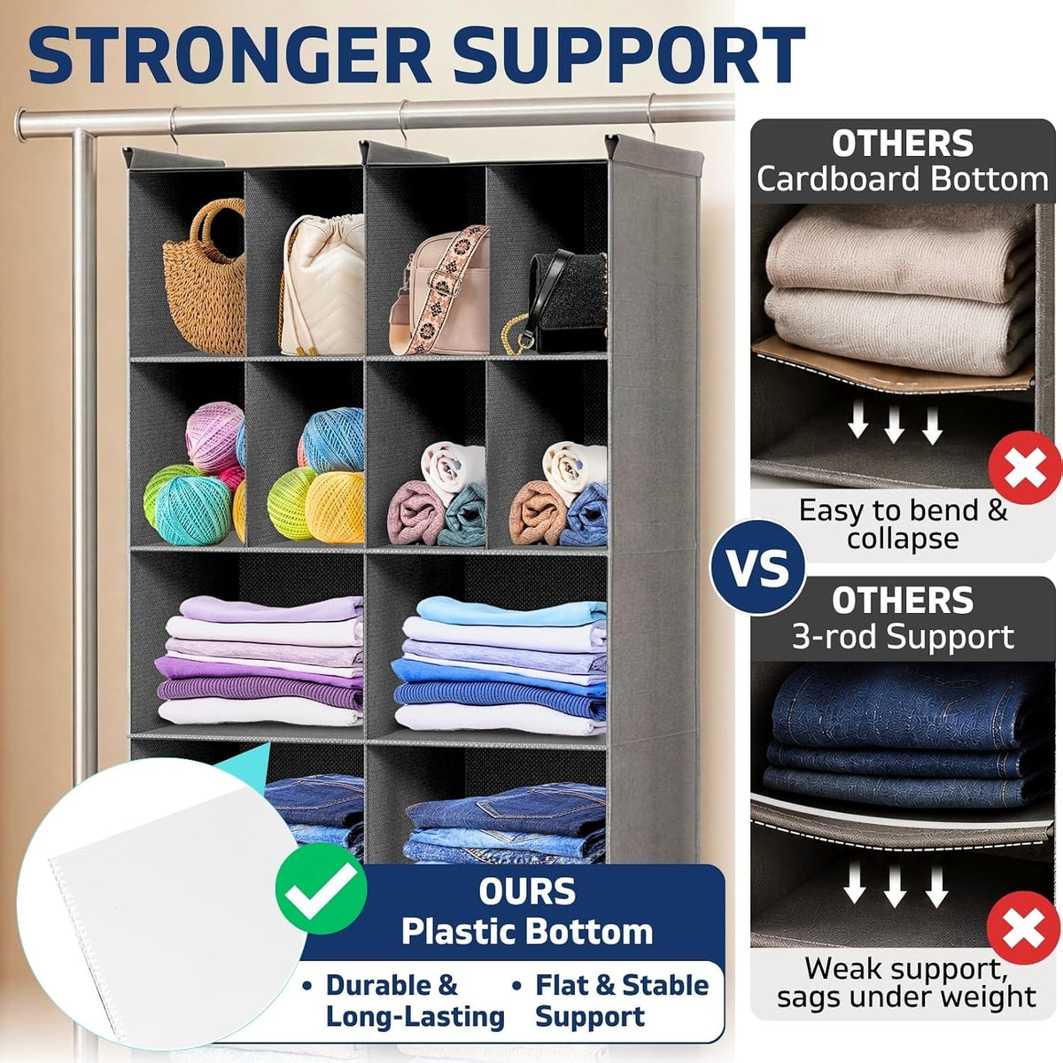 6 tier hanging closet organizer, 16 compartments dual, side view