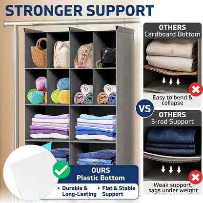 6 tier hanging closet organizer, 16 compartments dual, side view