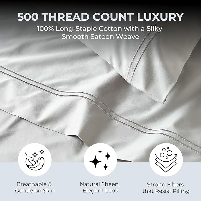 100% Natural Cotton Sheets Queen Size Bed Set | 500 TC Single-Ply Sateen Weave - Image 2
