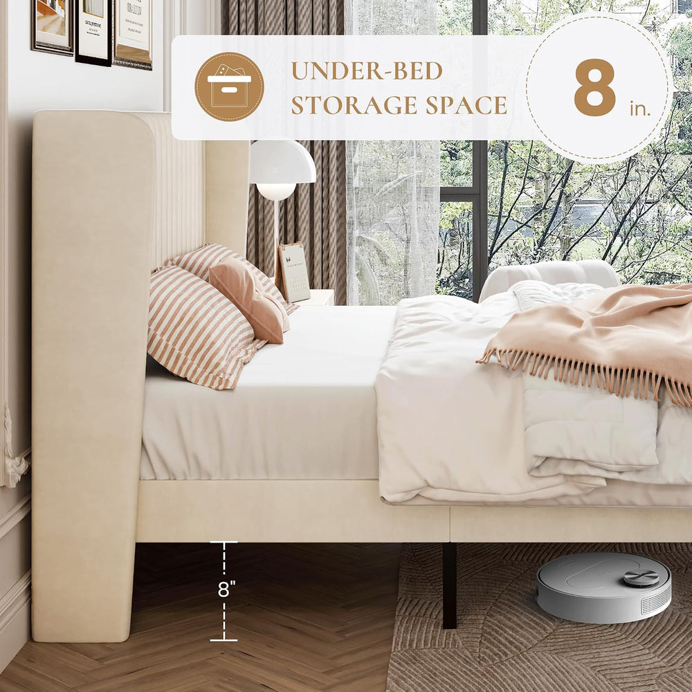 SHA CERLIN Full Size Velvet Bed Frame, Tufted Wingback Headboard, Cream
