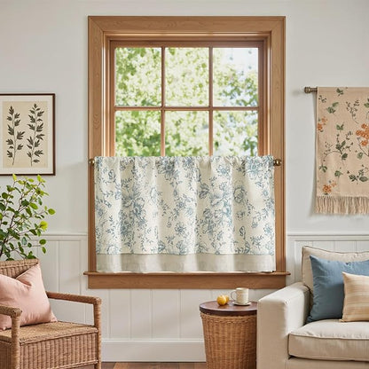 jinchan Linen Kitchen Curtain 24 Inch French Floral Double Layer Curtain - Image 2
