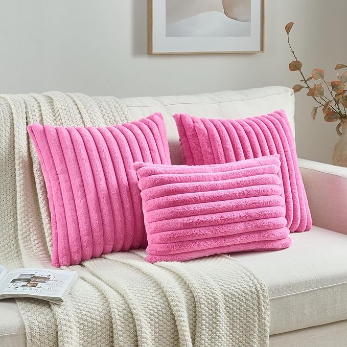 FUTEI Hot Pink Throw Pillow Covers Set of 2, 12x20 Inch Striped Texture Lumbar - Image 4