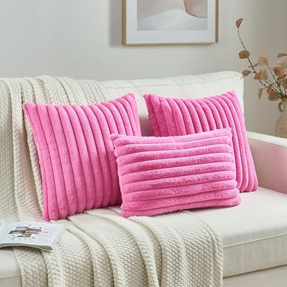 FUTEI Hot Pink Throw Pillow Covers Set of 2, 12x20 Inch Striped Texture Lumbar - Image 4