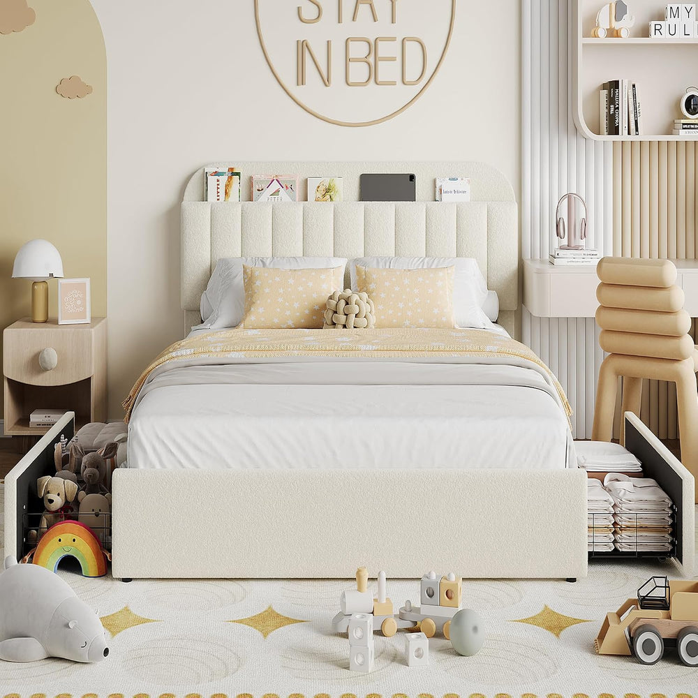 Garvee Full Size Bed Frame with Headboard & Drawers, Upholstered Bed Frame