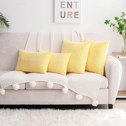 HWY 50 Pale Yellow Corduroy Patchwork Throw Pillow Covers 20x20 Inch, Soft Cozy - Image 2