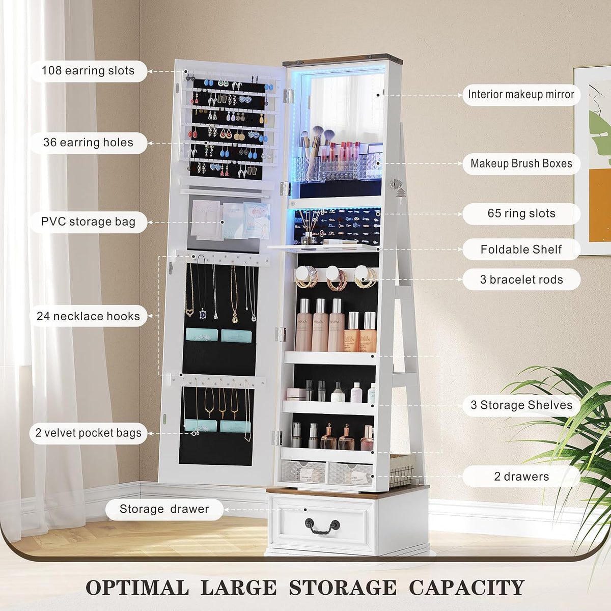 tagelier jewelry cabinet with full length mirror, lockable, side view