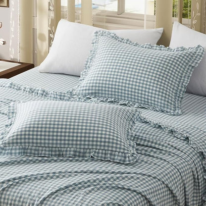 KKJIAF 2 Pcs Plaid Ruffle Pillow Case Queen Size, Cotton Gingham Ruffled Euro - Image 4