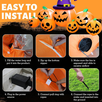 8FT Long Halloween Inflatables Pumpkin Outdoor Decorations, Halloween Blow Ups Inflatable Pumpkin for Yard, Garden, Lawn with Witch Hat