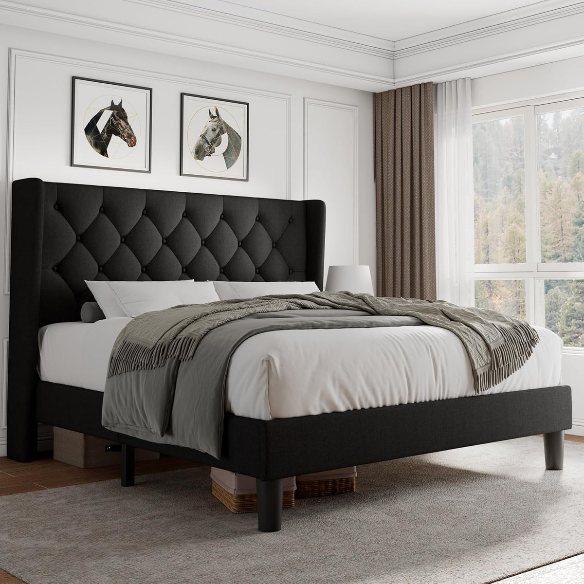 ipormis queen size platform bed frame with button, main product view