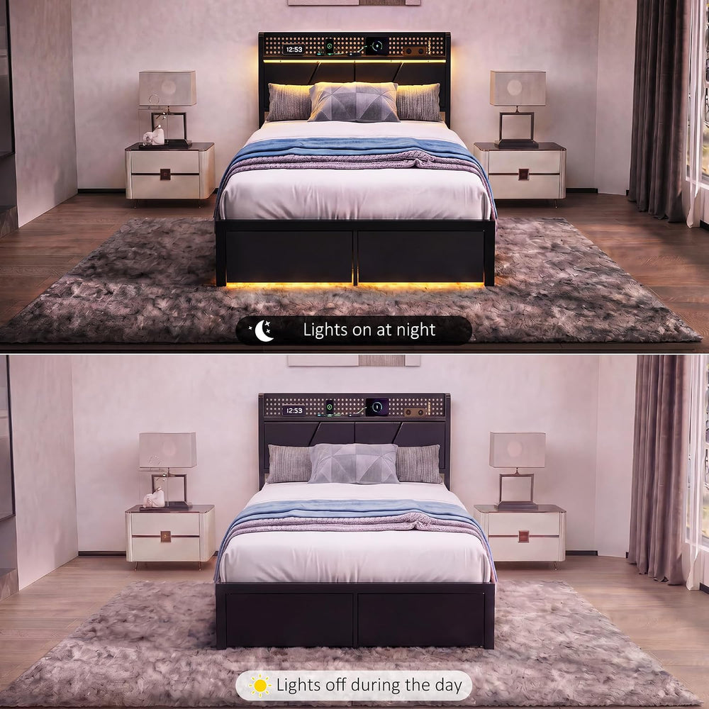 Twin Bed Frames with 2 Drawers, Platform Bed with LED Lights & Charging S...