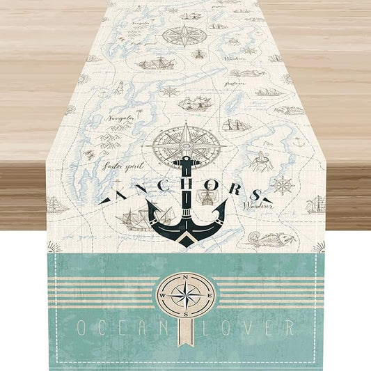 Nautical Table Runner, Retro Coastal Ship Anchor Treasure Map Compass Vintage by Unknown
