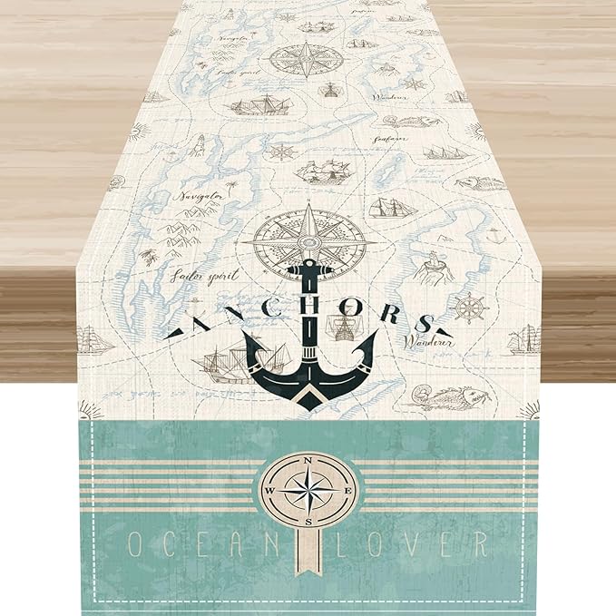 Nautical Table Runner, Retro Coastal Ship Anchor Treasure Map Compass Vintage by Unknown