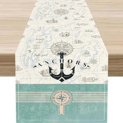 Nautical Table Runner, Retro Coastal Ship Anchor Treasure Map Compass Vintage by Unknown