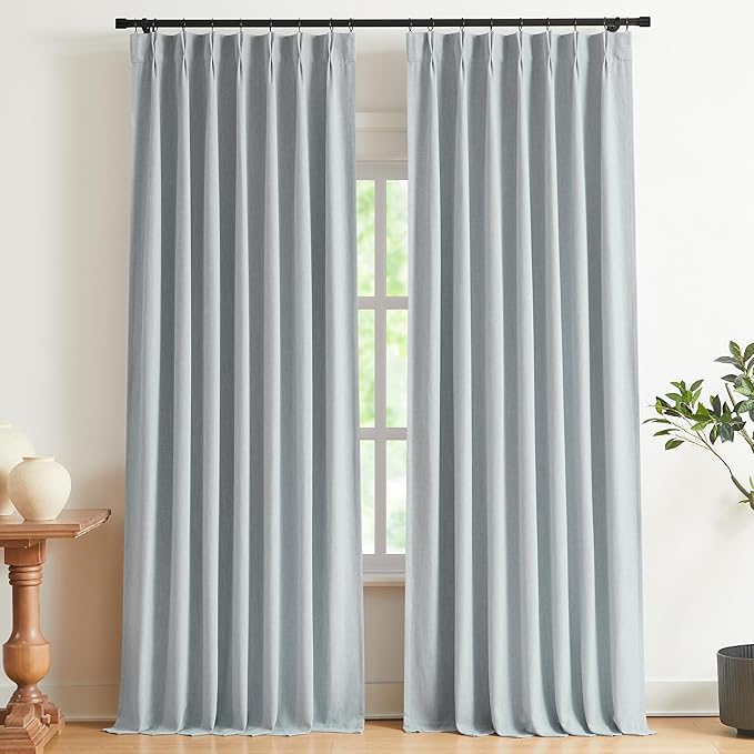 Vision Home Blue Gray Pinch Pleated Full Blackout Curtains Linen Blended Room - Image 9